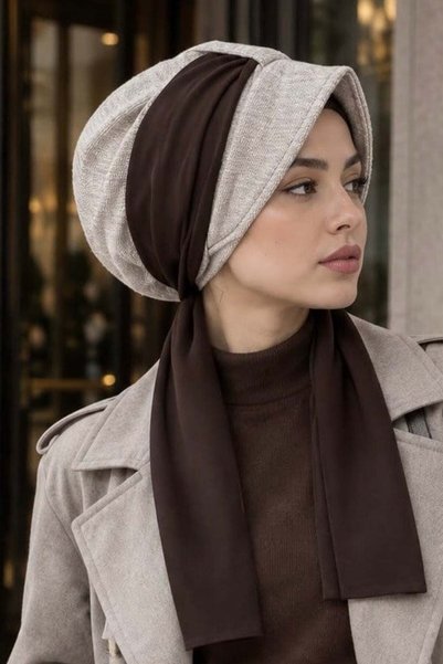 Aişe tesettür Kahverengi Melanj Fularlı Şapka Bone