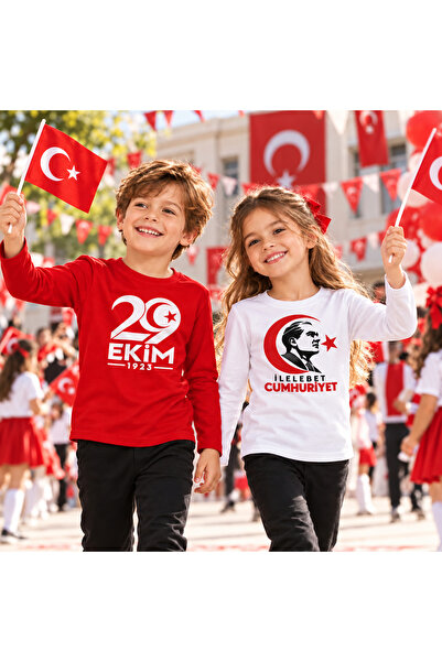 29 Ekim Cumhuriyet Bayramı Unisex Çocuk 2'li Uzun Kollu Tişört Seti Kırmızı Beyaz