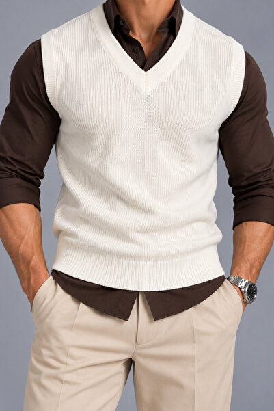 cto your style Men's White Standard Fit Regular Cut V-Neck Knitwear Sweater