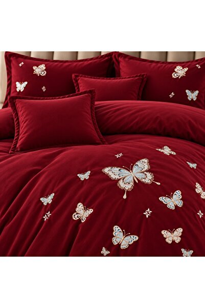 East Comfort Lenjerie de Pat Matrimonială din Bumbac Satinat, 6 Piese, Cearșaf cu Elastic, Broderie Fluturi