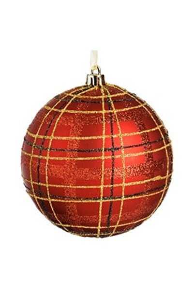 OEM Ornament Brad de Craciun Glob Rosu Mat in Carouri Rosii Aurii Negre Glitt...