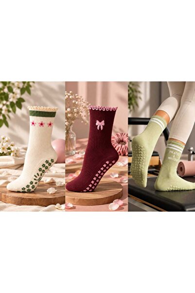 3lü Set Nakışlı Kaydırmazlı Pilates Çorabı