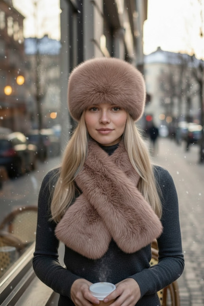 Givoria Kadın Kürklü Atkı Ve Kalpak Şapka Takımı Rus Slav Tarzı Kışlık Peluş Eskimo Set
