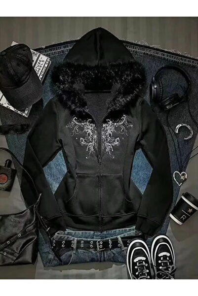 Köstebek Tribal Motif Fur Hooded Zippered Cardigan