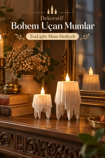Madam Mumu 3D Dekoratif Bohem Uçan Beyaz Mumlar TeaLight Mum Hediyeli (Yüksek...