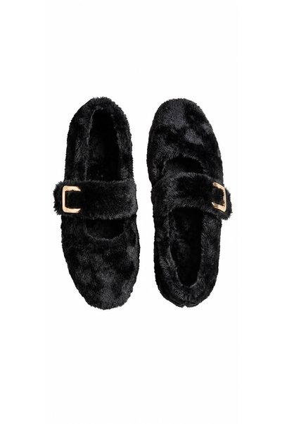 PAPUCUMUN DÜNYASI Women's Plush Fur Buckle Indoor Casual Ballerinas