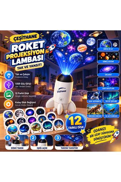 Çeşithane Roket Projeksiyon Gece Lambası 10+2 Farklı Diskli USB Uzay ve Gökyü...