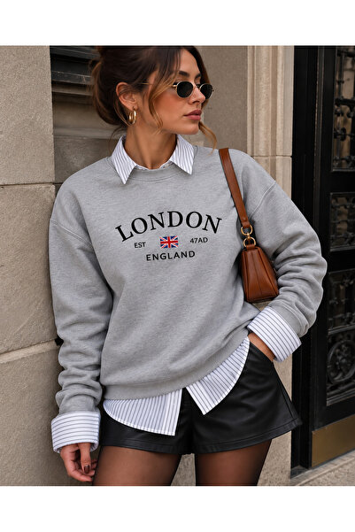 SANTAMİLA Gray Crew Neck London Printed Oversize Sweatshirt