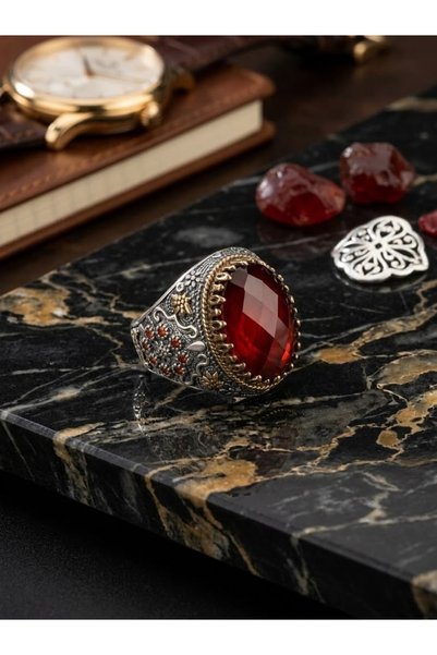 Generic Brand 925 Silver Cherry Red Ribbed Onyx Stone Men's Ring |   Medina Shop