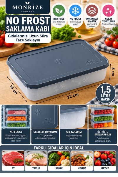 Monrize Concept 1,5 L No Frost Saklama Kabı Dikdörtgen Çift Katmanlı Buzlanma...