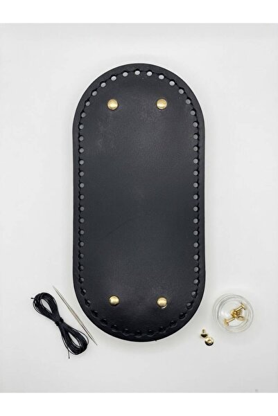 hobi dünyası evim Gold Rivet Leather Oval Bag Base Black 12X25