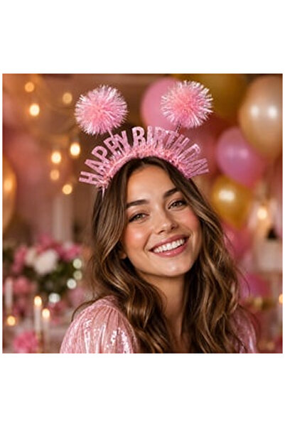 OEM Bentita Party Roz cu Urechi Holografice Beteala Glitter "Happy Birthday"""