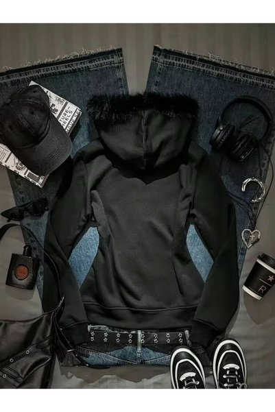Köstebek Fur Hooded Tribal Patterned Zippered Cardigan
