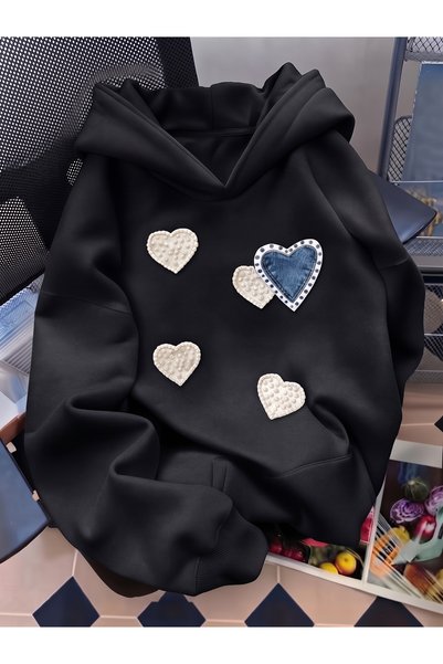 one button سويت شيرت بقلنسوة فاخر مطبوع عليه Love Heart للجنسين، مقاس كبير، م...