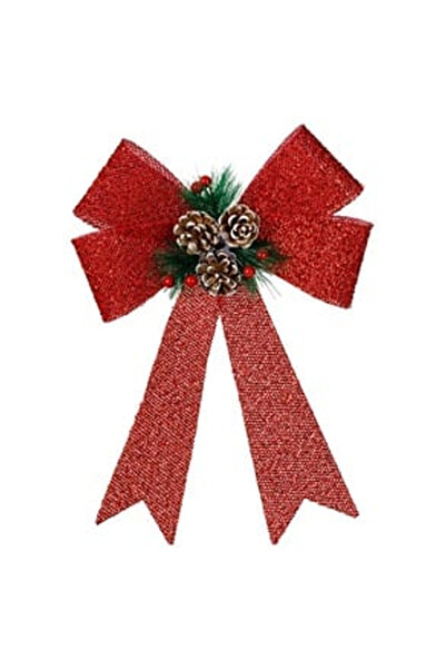 OEM Red Christmas Decorative Bow with Tinsel, Twig, Cones, Berries, 32cm