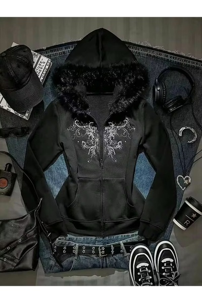 Köstebek Fur Hooded Tribal Patterned Zippered Cardigan