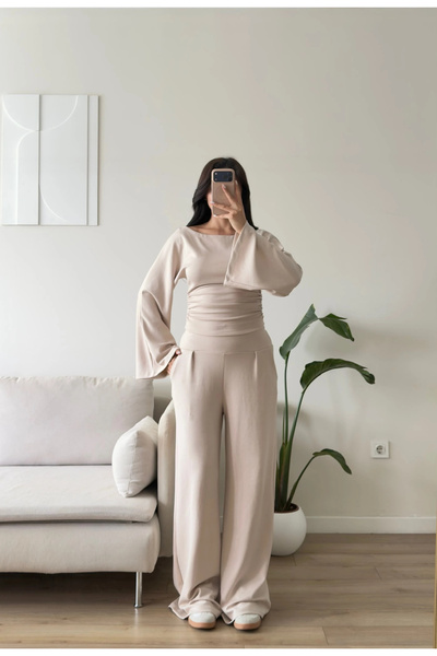 Zoom Butik Bel Büzgü İspanyol Kol Takım - BEJ