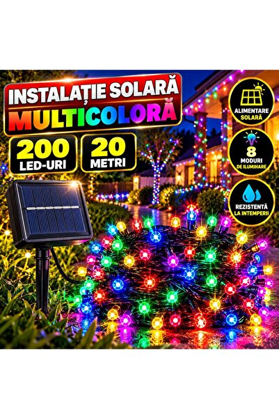 ASMXX Πολύχρωμο Ηλιακό Σύστημα LED, 20 μ., 200 LED, 8 Λειτουργίες Φωτισμού, Η...