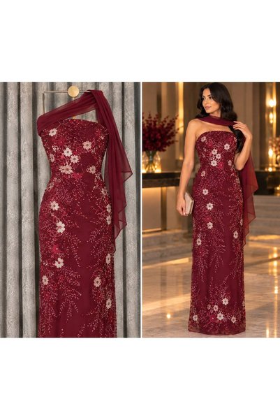 ELORA FASHION فستان سهرة عنابي مطرّز بالورود مع شال