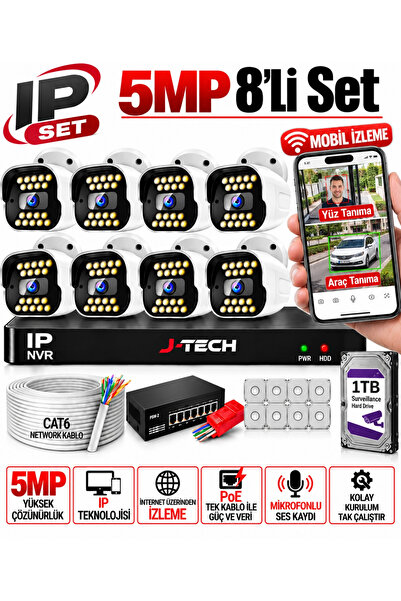 8 li Akıllı IP Kamera Seti 1TB Renkli Gece Yüz Araç Hareket Algılama Sesli 5MP K1068