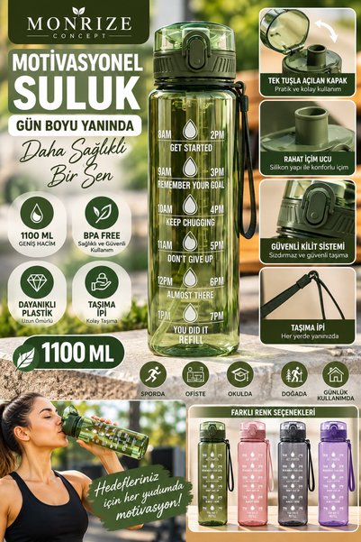 Monrize Concept 1100 ML Motivasyonel Suluk 1.1 Litre Kilitli Kapaklı Sporcu S...