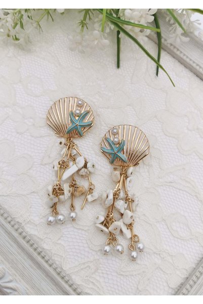 Halley Concept White Stone Earrings with Shell and Starfish Detail 8.5X3 cm