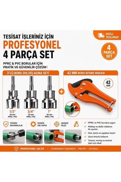 Trendhane PPRC & PVC Plastik Boru Diş Açma Seti + 42 mm Plastik Boru Kesme Makası – 4 Parça Profesyonel Set