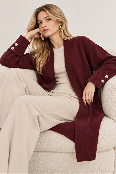 URİS Cardigan lung din tricot premium, elegant, de damă, de culoare burgundy, cu mâneci și nasturi.
