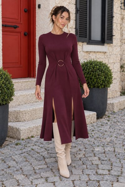 moda wanilia Women's Crew Neck Long Sleeve Ring Detailed Slit Long Viscose Tw...