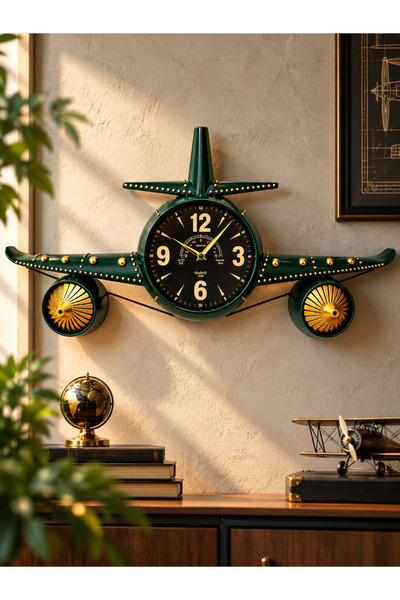 KOLAYEV Aviator Retro Endüstriyel Uçak Formlu Metal Dekoratif Duvar Saati 114 cm