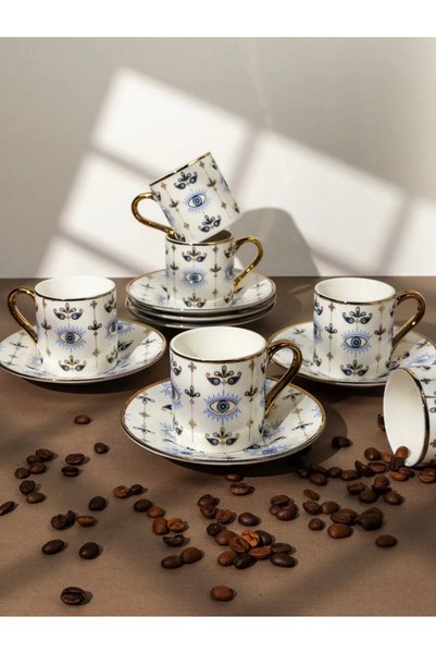 BasaranAvm Porcelain 6-Piece Cup Set Turkish Coffee Cup with Evil Eye Beads