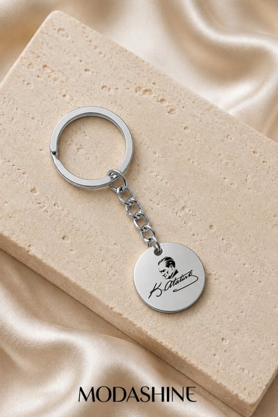 MODASHİNE Round Medallion Keychain with Ataturk Figure and Signature – Silver Color