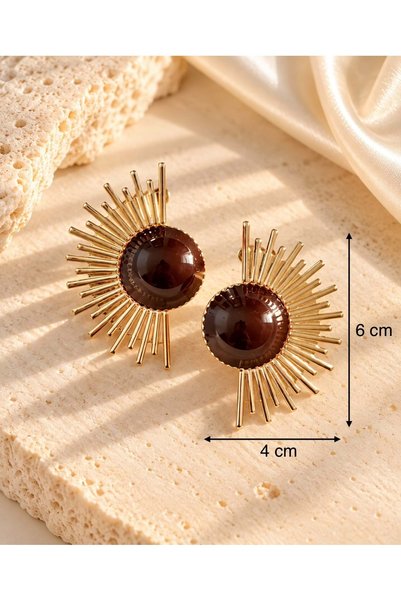 ACAR TAKI Gold Color, Bordo Stone Half Sun Earrings Acr9708