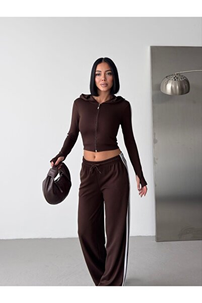 BE CHİC Women's Brown 2-Piece Softtouch Modal Fabric Tracksuit Set Hooded Zippered Crop Sweatshirt with Wide Legs and 3 Pants Pm2089