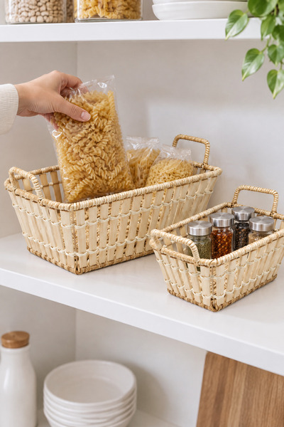 MAKRİ HOME 2'li Dikdörtgen Bambu Hasır Kulplu Düzenleyici Sepet Seti, 30x24,5...