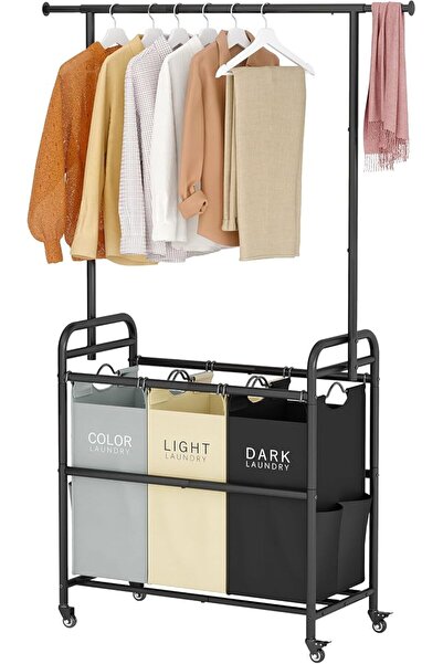Tajsoon Laundry Sorter Cart with Hanging Clothes Rack, 4 Butler Sorter Basket...