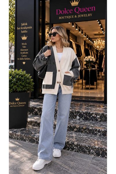 DOLCE QUEEN Women's Denim Detailed Buttoned Oversize Cardigan