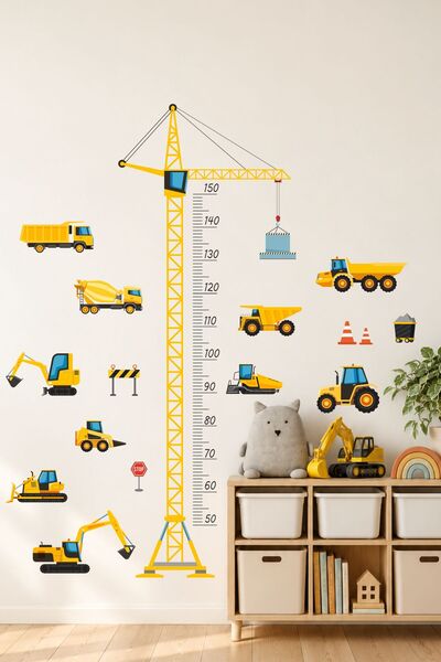 Sticker Ekspres İş Makineleri Boy Cetveli Boy Ölçer Çocuk Bebek Odası Duvar Sticker Seti
