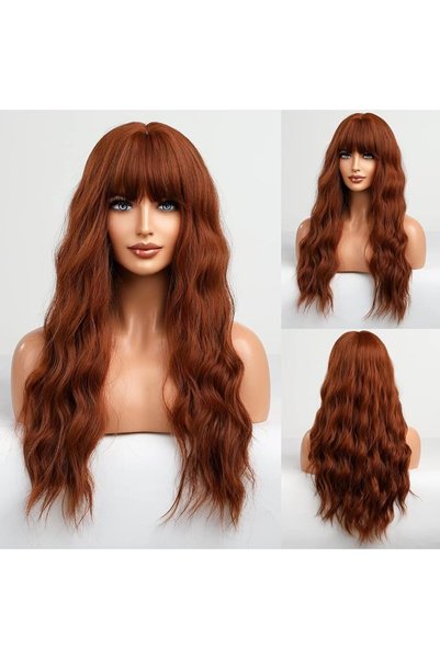haircube Long Blonde Wigs for Women Wave Curly Wig with Bangs Natural Brown R...
