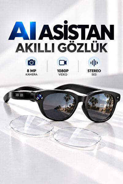RAYLAX AI Asistan Akıllı Kameralı Gözlük 8 MP Kamera 1080P Video Yapay Zeka S...