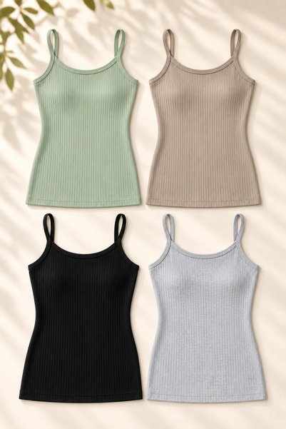 BUTİK1AVM Women's Tank Tops 4-Pack with String Straps 100% Cotton Ribbed Flexible