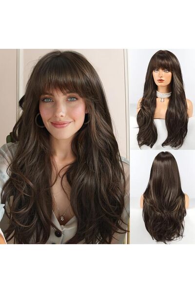 haircube Long Blonde Wigs for Women Wave Curly Wig with Bangs Natural Brown R...