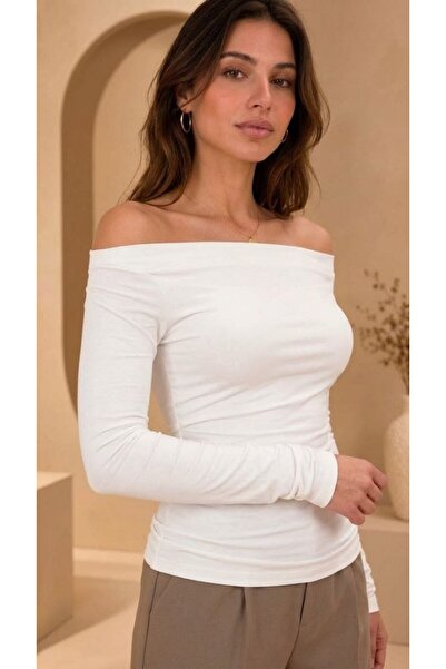 BE CHİC Women's Ecru Kayik Madonna Collar Plain Basic Shoulder-Cut Viscose Fabric Blouse Apl10009