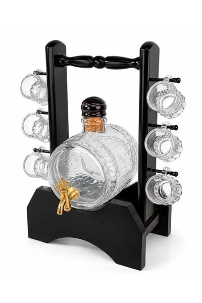Royaleks Ahşap Standlı Cam Fıçı Ve 6 Shot Bardaklı İçki Servis Seti Alk5602