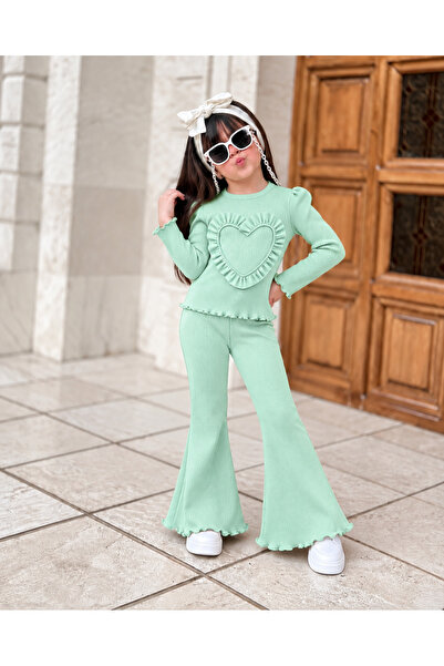 KOKOŞ BEBEK Girl's Heart Detailed Ribbed Camisole and Flared Bottom Top Set -...