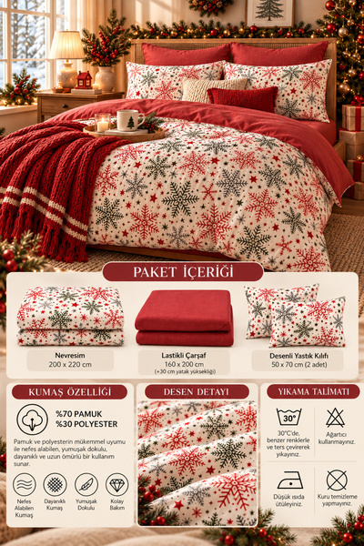 MyStory Home Lastikli Çarşaflı Çift Kişilik Nevresim Takımı WinterChris Red