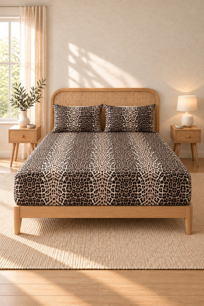 Boreas Home Leopard Cotton Extra Large Elastic Sheet Set 180X200+30 cm with 2...