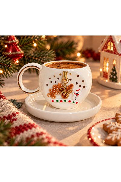 Ceresshop Christmas Themed Handmade Ceramic Cup with Letter Charms (Specify the Letter You Want in the Message after Ordering)