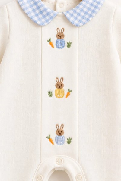 Tuğra Bebe Rabbit Embroidered Plaid Collared Baby Romper Set with Hat, 100% Cotton