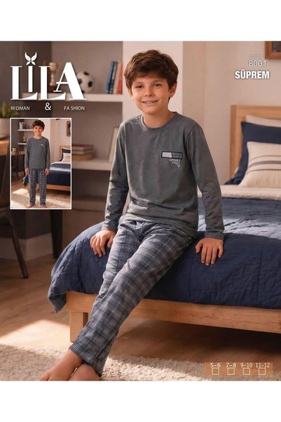 Erkek Çocuk Gri Sport Baskılı Süprem Uzun Kollu Pijama Takımı